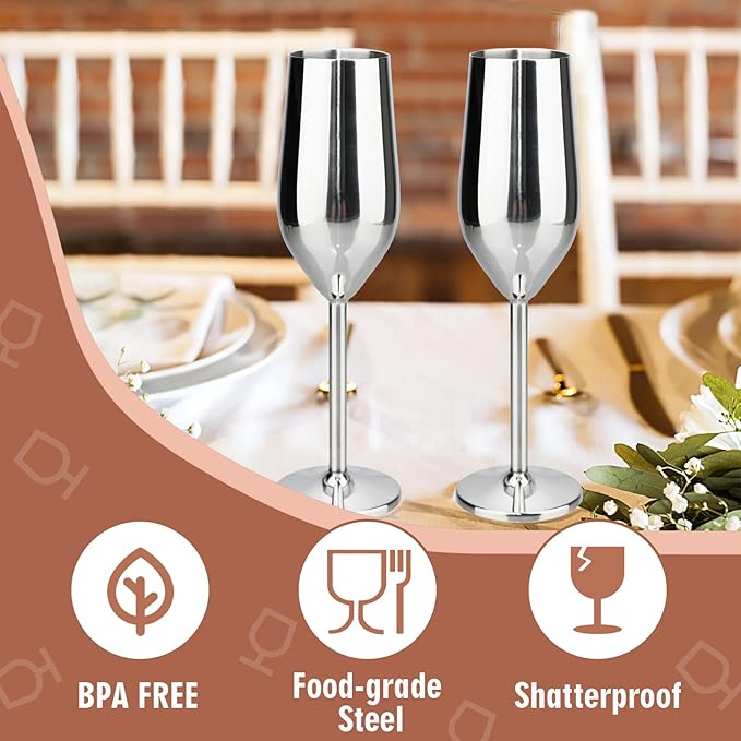 TJ Unbreakable 8 Oz Stainless Steel Champagne Flutes (2 Pack)- Silver Champagne Glasses - Reusable Indoor Outdoor Drinkware - Keeps Drink Cool for Longer - Gift Idea