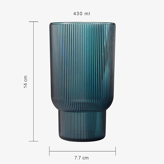 Shatterproof Acrylic Tall Drinking Glasses Set, European Style, Dishwasher Safe, Ribbed | Set of 4 | Fluted Tritan Drinkware, Unbreakable BPA-free Plastic, Reusable Stackable Glassware 14.5oz - Blue