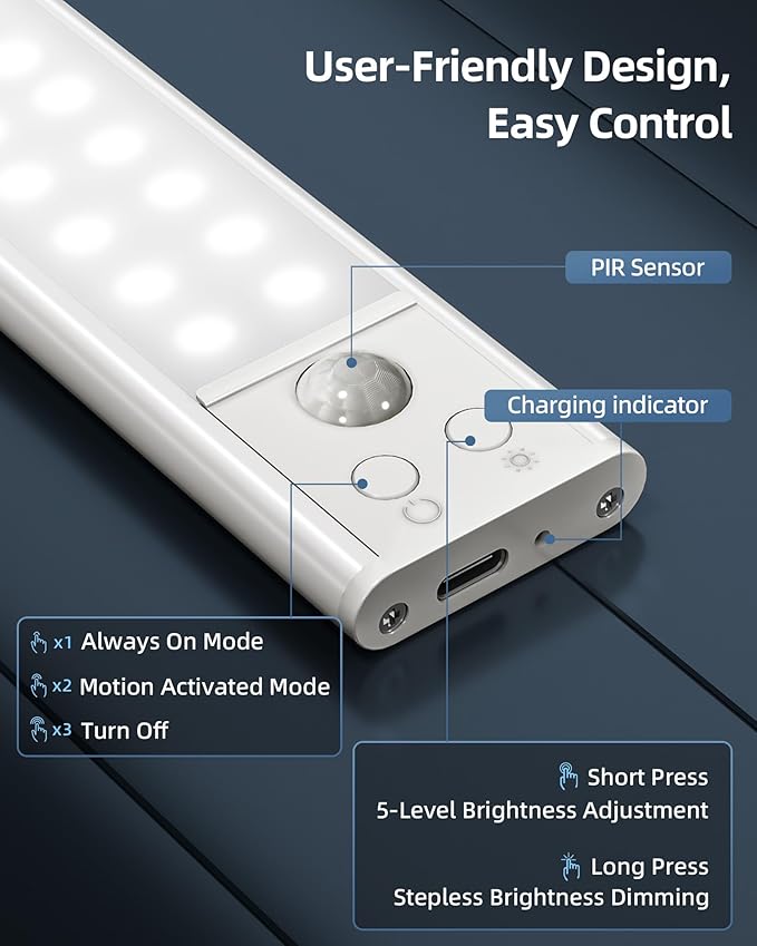12inch Under Cabinet Lights, Motion Sensor Light Indoor, 2200mAh Rechargeable Battery, Wireless, Magnetic, 5 Levels Dimmable Closet Lights, Under Counter Lights for Kitchen, Bathroom (2 Pack)