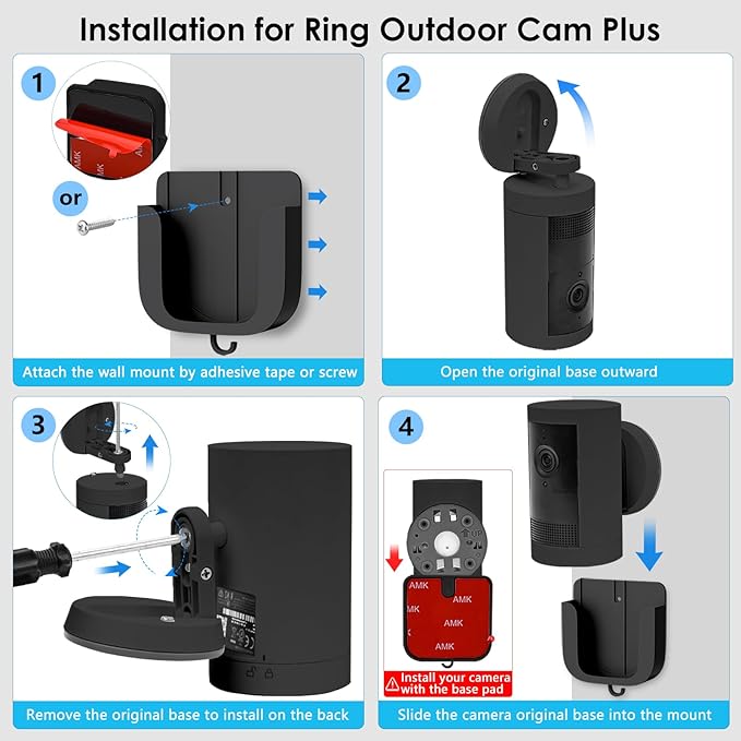 No Drill Wall Mount for Ring Outdoor Cam Plus, Easy Installation with Strong Adhesive Tape or Screws, Indoor Camera Mount for Ring Camera, 2Pack, Black