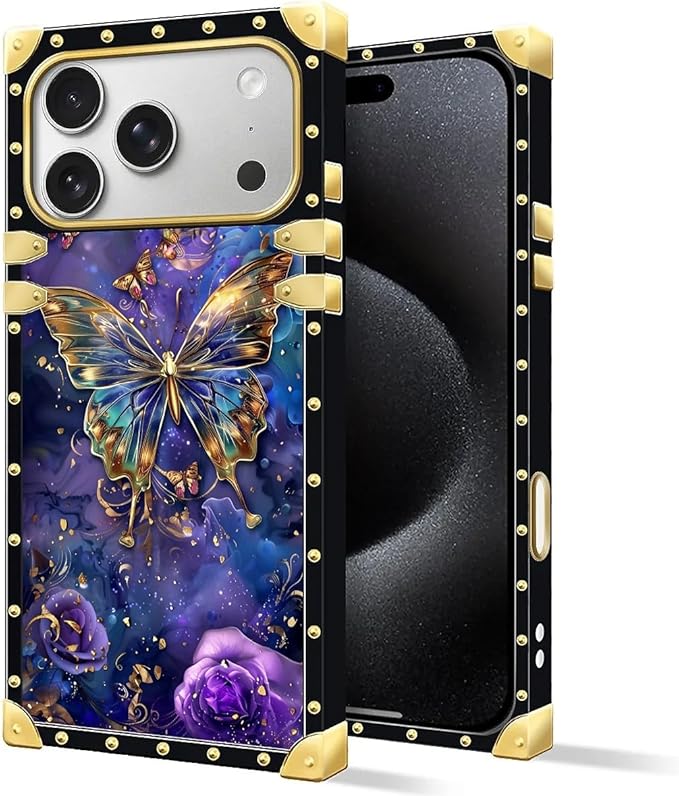 for iPhone 17 Pro Max Case Luxury Golden Decoration for Girl Women Soft TPU Shockproof Protective Hard PC Back Crazy Pattern Glistening Golden Butterfly Vibrant Purple Blue