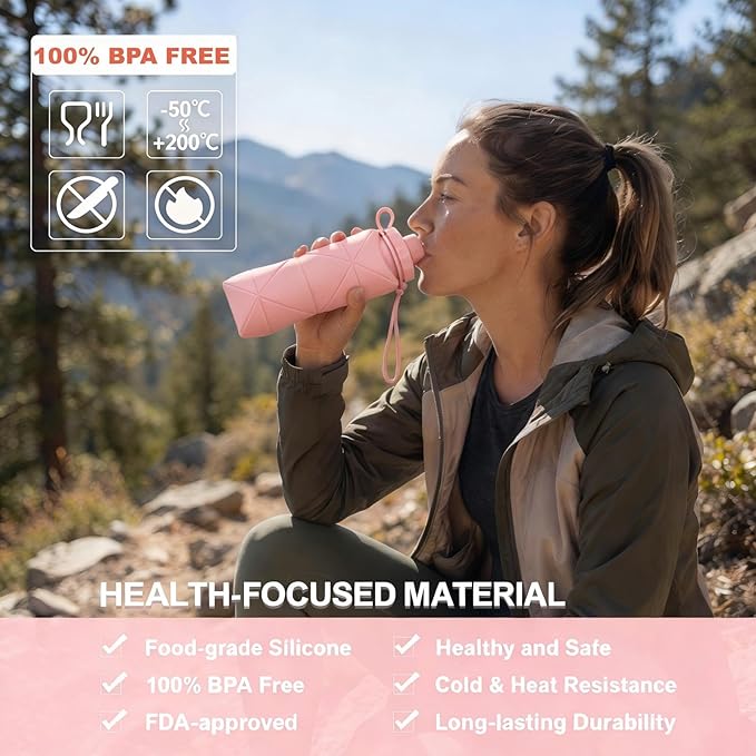 Collapsible Travel Water Bottle 20oz (600ml), BPA-Free, Foldable Silicone Lightweight Reusable Water bottle with Leak-Proof Lid & Lanyard, Portable for Travel Cycling Gym Camping (Pink)