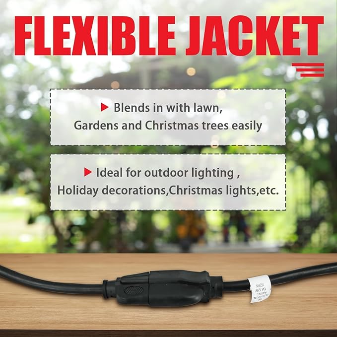 EP 6FT Black Outdoor Extension Cord, 16/3 SJTW Heavy Duty Waterproof, 3 Prong Grounded Plug, 13A 1625W 16AWG, Cold-Resistant Flexible Power Cable for Garden, Home, Christmas Lights