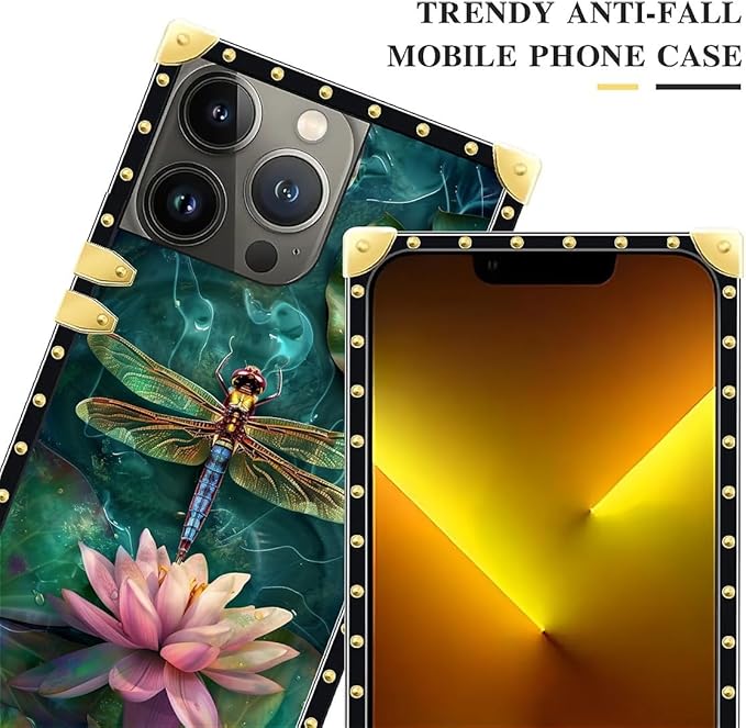 Compatible with iPhone 13 Pro Max Case, Colourful Dragonfly Pink Lily Pads Luxury Golden Decoration for Girl Women Soft TPU Shockproof Protective Hard PC Back for iPhone 13 Pro Max