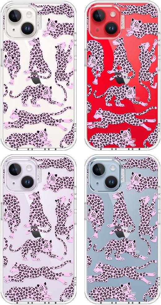 MOSNOVO for iPhone 13/14 Case | Military Grade 6.6ft Drop Tested | Clear with Pink Leopard Design