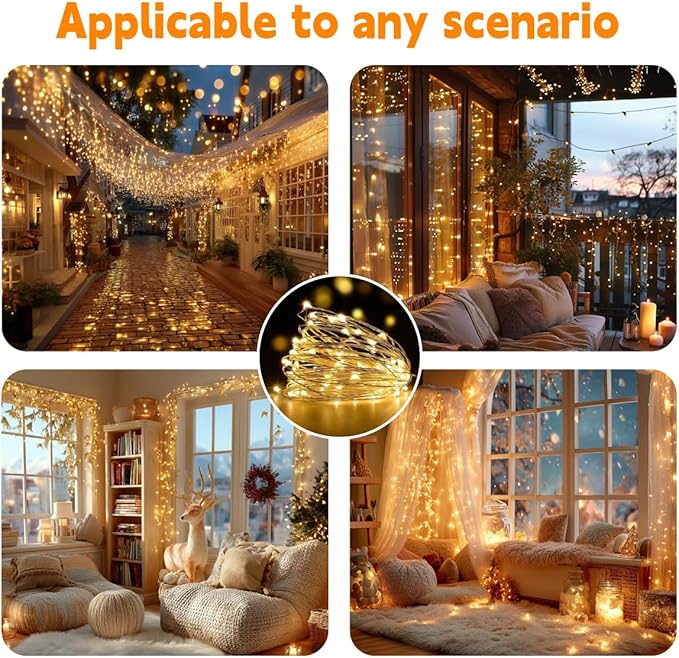 HXWEIYE 2-Pack 33FT 100LED Fairy Lights Battery Operated (Included) with Remote & Timer, 8 Modes Rechargeable Twinkle String Lights Indoor Outdoor Waterproof for Bedroom Wedding Classroom, Warm White