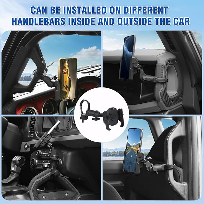 FUNY A Pillar Grab Handle Phone Mount Adjustable Direction Mobile Phone Holder Compatible with Jeep/Bronco/Offorad/Pickup/Truck/Motorcycle/Bicycle/UTV/ATV Fit for Most Mobile Phones