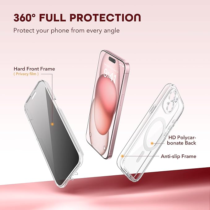 TIESZEN for iPhone 15 Plus Case, Compatible with MagSafe, Built-in Privacy Screen Protector and Camera Protection, Anti Spy Full Body Dustproof Shockproof Hard Phone Case 6.7", Clear