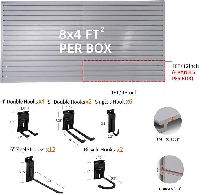 FRAYSCENT Slat Wall Paneling Garage Slat Wall Storage Systems Slatwall Panels Power Tool Organizer Wall Mount, PVC Garage Storage & Organization Products Slate Board (Grey, 4ft x 8ft with 26 Hooks)