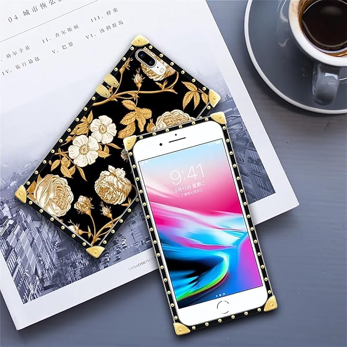 Compatible with iPhone 8 Plus 7 Plus Case, Blooming Rose Golden Flower Luxury Golden Decoration for Girl Women Soft TPU Shockproof Protective Hard PC Back for iPhone 8 Plus 7 Plus