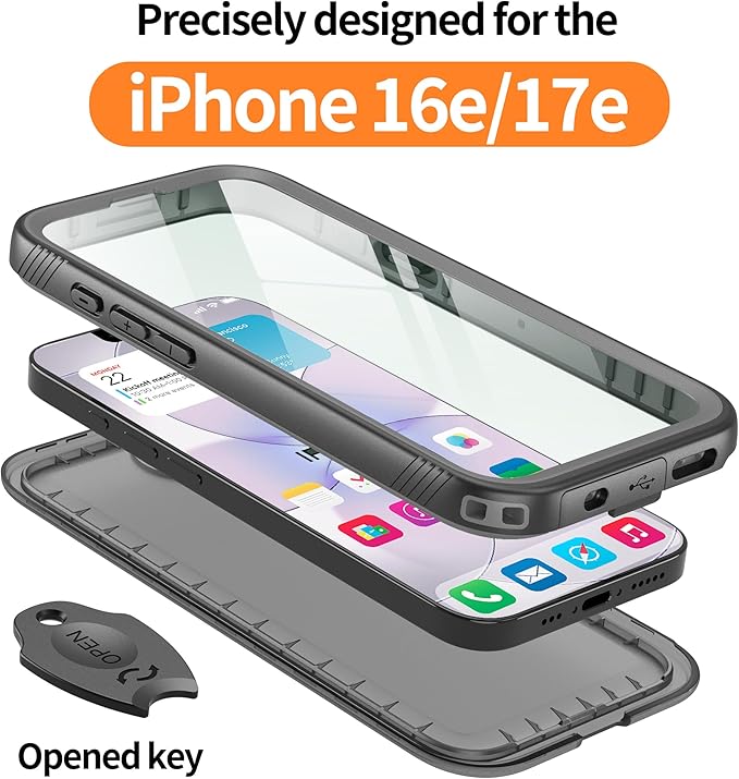 Cozycase TOP Military Protective IP68 Waterproof Case for iPhone 16e/iPhone 17e Heavy Duty 360 Shockproof Full Body with Screen Camera Protector Double Dustproof Hard Tough Front Back Cover Black