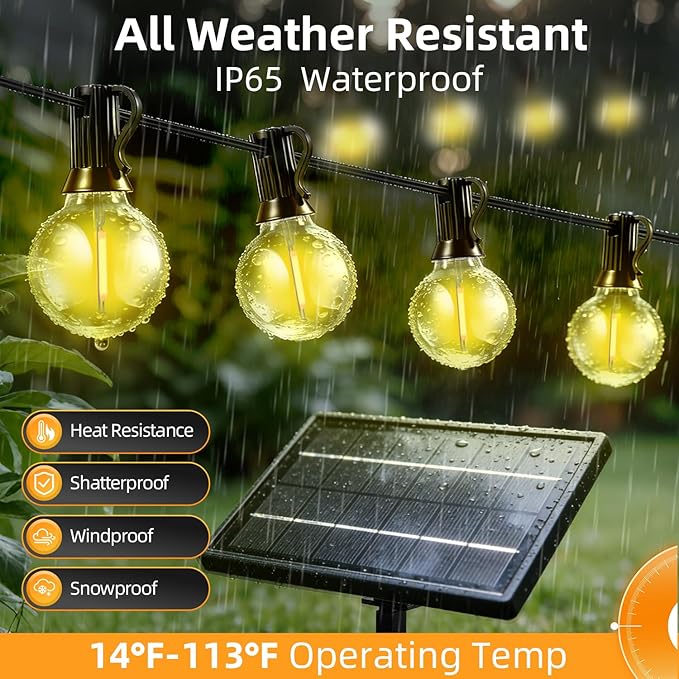 Solar Lights Outdoor Waterproof: G40 10M 33FT Shatterproof Bulbs Patio Lights - Solar Powered 3 Light Modes Solar Light - Camping Backyard Garden Deck Outside Yard