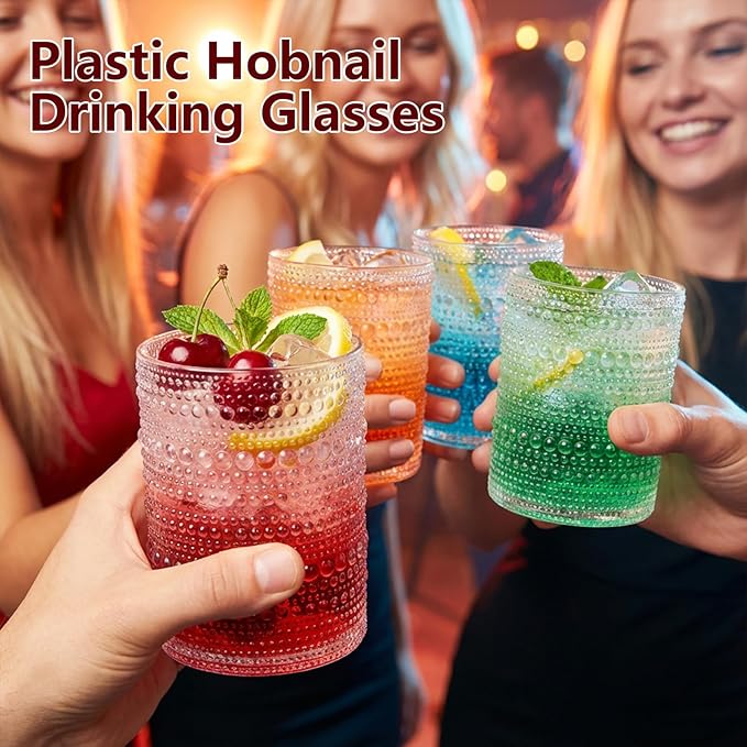 YOUBET 24PCS Plastic Hobnail Drinking Glasses - 14 Oz Clear Vintage Glasses Drinkware - Disposable Beaded Cups for Juice, Wine, Party