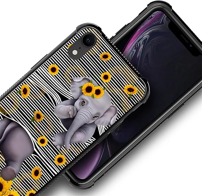for iPhone XR Case, Cute Little Elephant Sunflower White Line Art Pattern Graphic Design Girl Boy Soft Silicone Hard Acrylic Shock Protection for iPhone XR