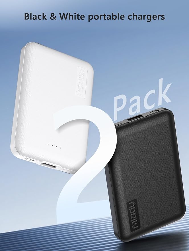 Miady 2-Pack 5000mAh Mini Portable Charger, 5V 2.4A USB-C Output Fast Charging Power Bank for Travel Small Battery Pack Compatible with iPhone 17/16/15 Galaxy S24/S22 iPad Android etc (White+Black)