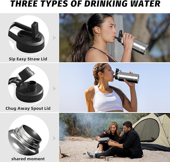 32oz Insulated Water Bottle (Cold for 48 Hrs),BPA Free&Leak Proof,Stainless Steel Water Flask,Water Jug with Straw Spout Lids for Gym,Hiking,Travel,Stainless