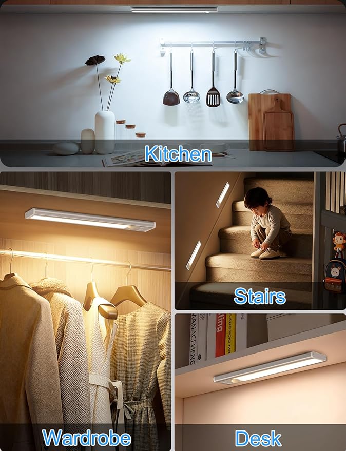 10in Under Cabinet Lighting with Charging Station, 2200mAh Rechargeable Wireless Motion Sensor Lights Indoor,Closet Lights with 3 Color Tempers, Battery Operated Cabinet Lights for Kitchen, 6-Pack