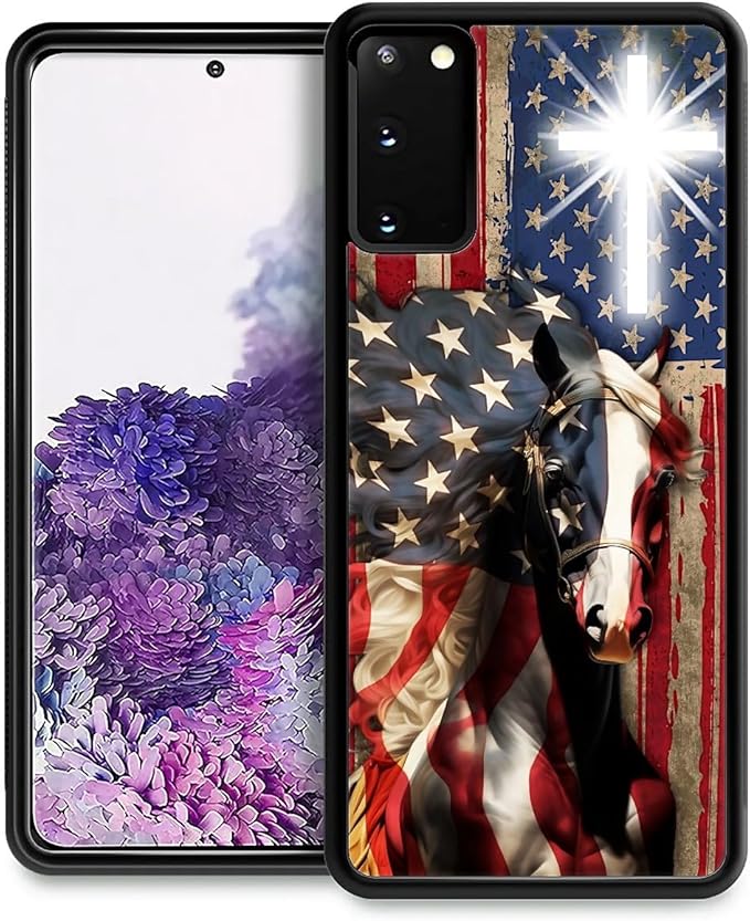 for Samsung Galaxy S20 Case, Red American Flag Horse Cross Pattern Graphic Design Girl Boy Soft Silicone Hard Acrylic Shock Protection for Samsung Galaxy S20