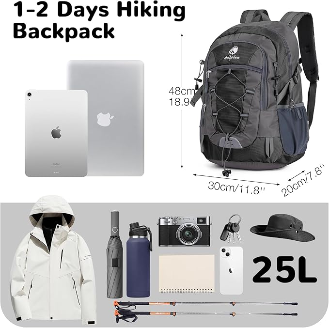 25L Small Hiking Backpack with Chest Strap for Men Women, Waterproof Travel Backpack Day Pack, Lightweight Padded Hiking Daypacks for Camping Traveling Outdoor Sports, Black