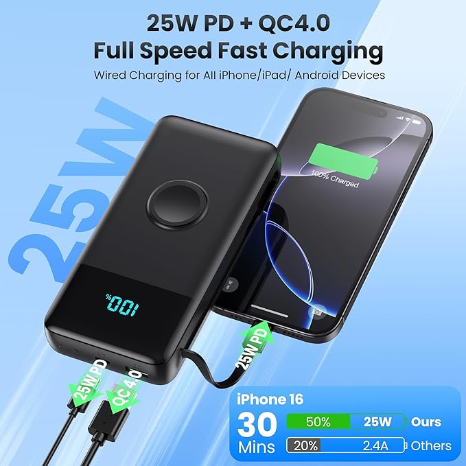 AONIMI Portable Charger 40800mAh Power Bank with 2 Built in Cables and Apple-Watch Charger, 25W PD Fast Charging USB C Battery Pack, 5 Output 2 Input Phone Charger for iPhone 17/16/15,Android