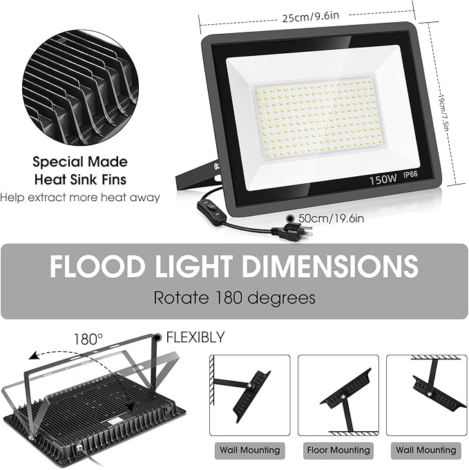 YANYCN 3 Pack 150W LED Flood Light Outdoor,Super Bright Exterior Security Light with Plug,IP66 Waterproof Flood Light, 15500LM 5000K Daylight White Floodlight for Yard, Garden,Basketball Court, Arena