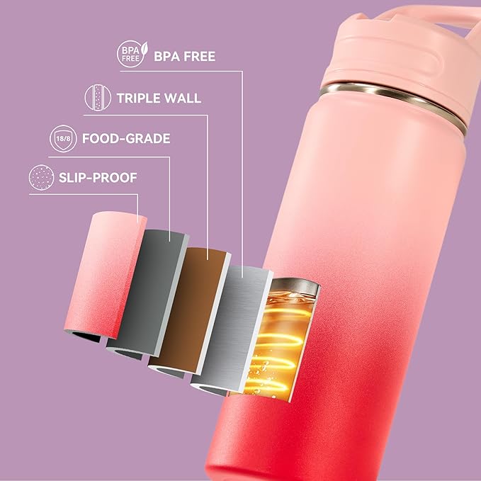 Fijinhom 24oz Insulated Stainless Steel Water Bottle with Straws, Double Wall Vacuum Insulated Bottles, Metal Thermo for Travel, Sports, Leak-Proof, BPA Free, Women & Men, Pink Gradient