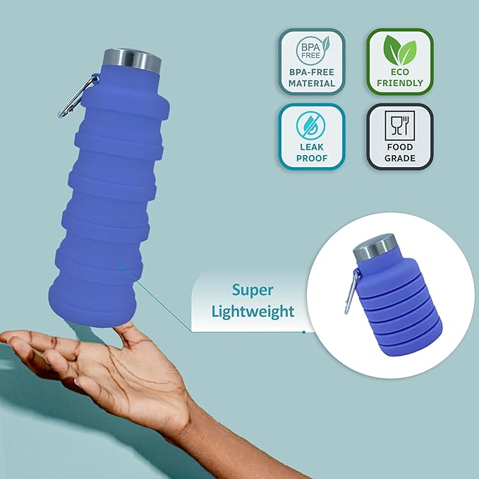 Collapsible Water Bottles 12oz, Odorless BPA-Free Silicone, Leak-Proof Foldable Reusable Bottle - Perfect for Travel Sports Gym Hiking Camping Cycling - Purple