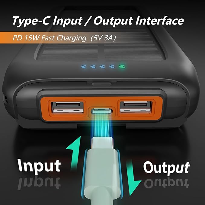 Solar Charger Power Bank 49800mAh Portable Solar Phone Charger with 2 USB-A and Type-C Interface, 15W Fast Charging for iPhone, Samsung etc. Portable Battery Charger with Dual Flashlight for Camping