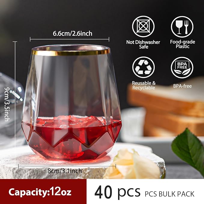 Lueumxc 40 Pack Plastic Wine Glasses, 12Oz Diamond Disposable Wine Glasses Unbreakable Clear Plastic Cocktail Glasses Recyclable Shatterproof Reusable Wine Cups