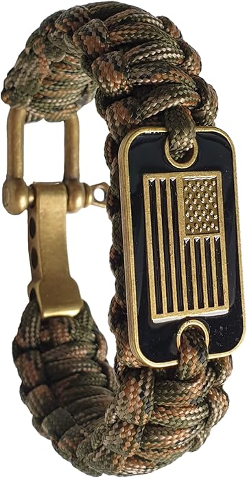 VAYOBOO Paracord Bracelet - Tactical Survival Bracelet for Men with Bronze USA Flag - 3 Adjustable Sizes - Green Camo, L