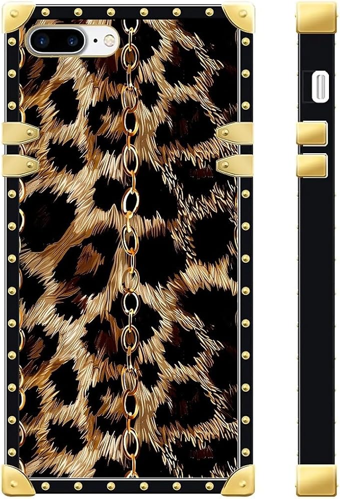 Compatible with iPhone 8 7 SE Case, Seamless Gold Chain Leopard Luxury Golden Decoration for Girl Women Soft TPU Shockproof Protective Hard PC Back for iPhone 8 7 SE