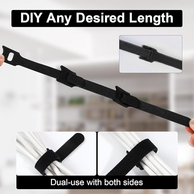 150PCS Cable Ties, 4+6+8+10 inch Cable Ties for Cable Management, Adjustable Fastening, Multi-Purpose Reusable Hook and Loop for Home, Office and Garage，Black