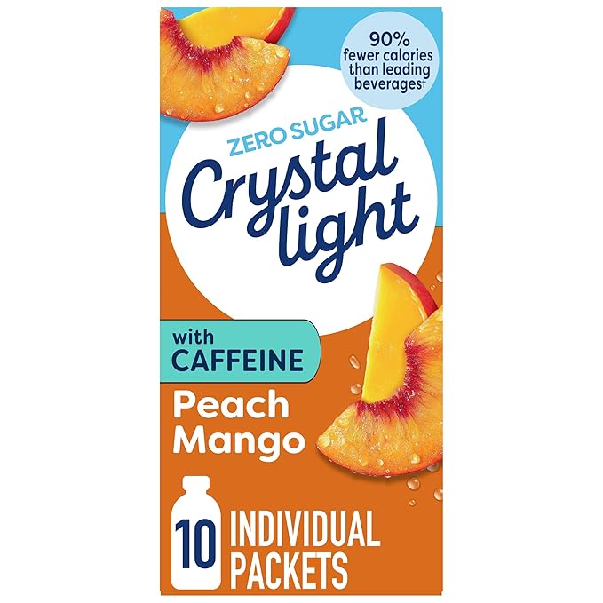 Crystal Light On The Go Peach Mango With Caffeine Drink Mix, 10-Packet Box, 0.7 OZ (Pack of 6)