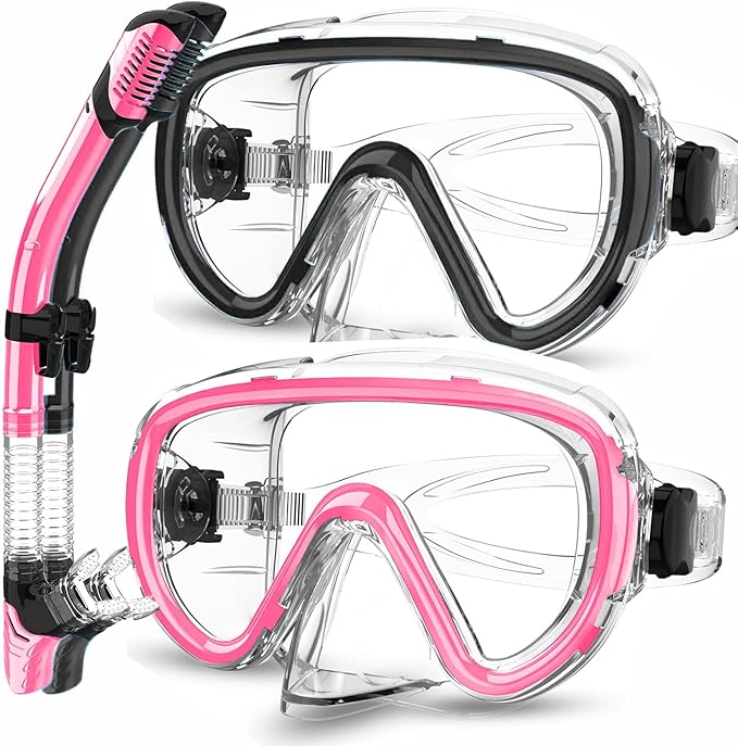 Bairuifu 2-Pack Snorkel Gear for Adults | Enhanced Anti-Fog & Anti-Leak Snorkeling Mask | Breath-Free Dry Snorkel | 180° Panoramic View with Quick-Dry Bags