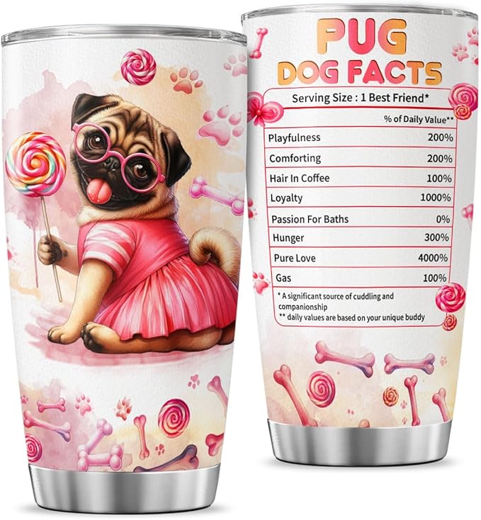 Pug Dog Facts, Dog Mom Gifts, Women Mother Mama Handle Tumblers Best Mothers Insulated For Cups Coffee Funny Day, Tumbler 20 Oz With Lid And Straw