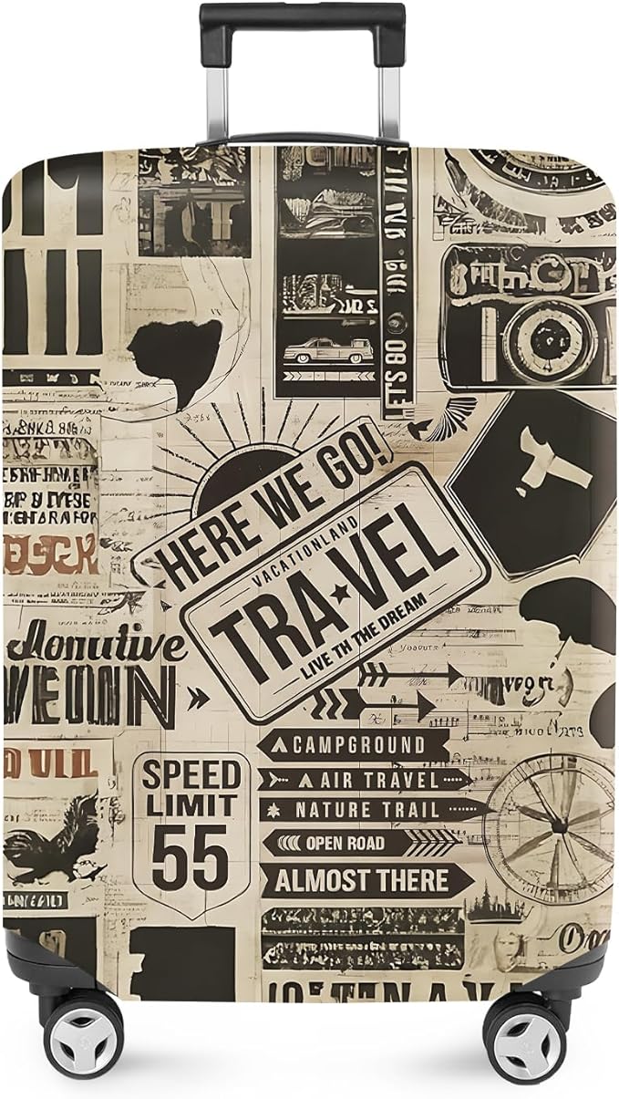 ANNA QUEEN Vintage Travel Collage Luggage Cover, Retro Suitcase Protector, Stretchable Washable Cover for 20-22 Inch Luggage
