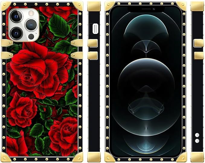 Compatible with iPhone 12 12 Pro Case, Vector Red Rose Green Leaf Luxury Golden Decoration for Girl Women Soft TPU Shockproof Protective Hard PC Back for iPhone 12 12 Pro