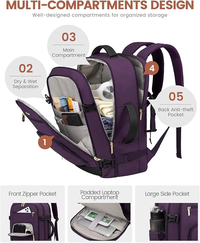 LOVEVOOK Carry On Travel Backpack For Women Flight Approved, 50L Large Personal Item Backpack Travel Bag for Airplanes, Business 18 Inch Laptop Backpack, Weekender Overnight Daypack, With 3 Cubes