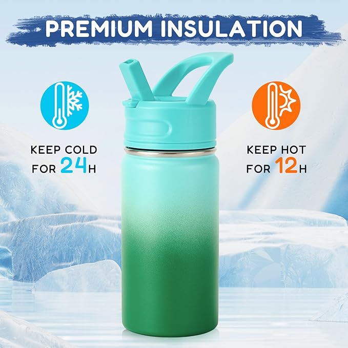 Fijinhom 12oz Kids Water Bottle for School, Toddler Bottles with Straws, Stainless Steel Vacuum Insulated Water Bottle for Boys&Girls, Leak-Proof, BPA-Free, Nature Couple