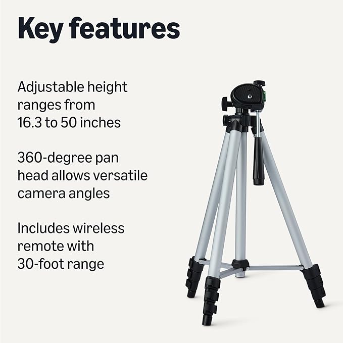 Amazon Basics 50" Lightweight Tripod for Camera and Phone with Travel Bag, Remote Control and Phone Holder, Height Adjustable, Aluminum, Silver