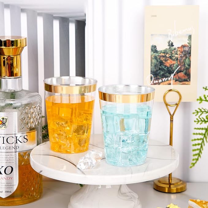 I00000 200 Pack Gold Plastic Cups, 10 oz Clear Plastic Cups Gold Rimmed Disposable Wine Glasses Fancy Disposable Party Cups Wedding Cup Drinking Tumblers Cocktail Glasses with Gold Rim