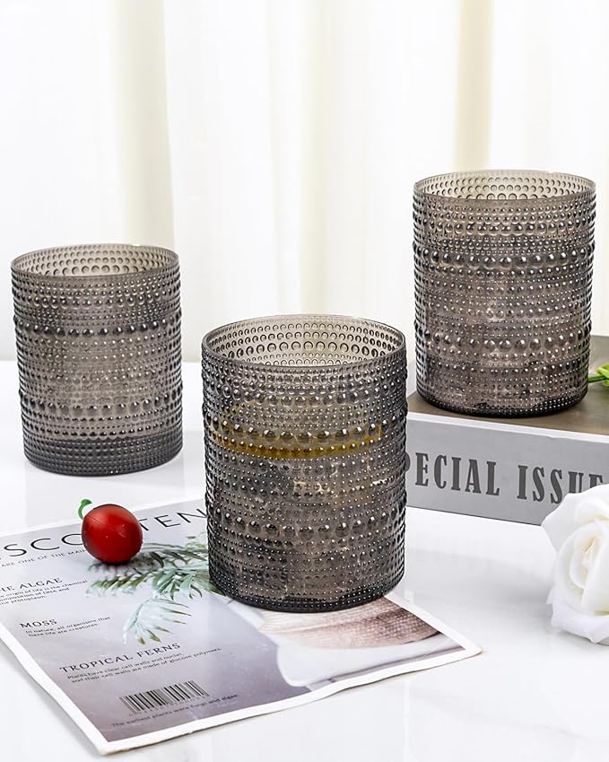 YOUBET 24PCS Plastic Drinking Glasses - 14OZ Black Hobnail Drinkware Glasses - Vintage Glassware Textured Beaded Cups for Water, Beer, Whiskey, Juice and Various Mixed Drinks for Party Graduation