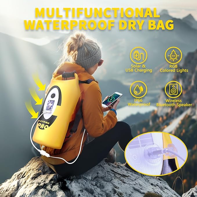 FELICON Solar/Battery Powered Multi-Functional Backpack with Bluetooth Speaker,IP66 Waterproof Dry Bag,Heavy Duty Roll Top Closure,Large Capacity Bag for Camping,Hiking,Traveling (Yellow 20L)