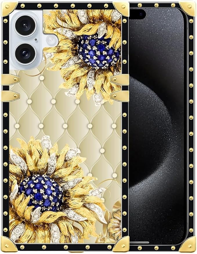 Compatible with iPhone 16 Case, Sunflower Diamonds Leather Luxury Golden Decoration for Girl Women Soft TPU Shockproof Protective Hard PC Back for iPhone 16
