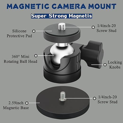 ULIBERMAGNET Black Magnetic Camera Mount, Strong Magnetic Mount with 360° Rotation Ball Head, Security Camera Base Holder with 1/4 inch Thread for GoPro,DJI OSMO Action,Action Camera