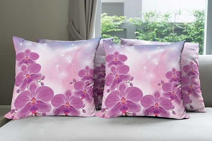 Ambesonne Floral Throw Pillow Cushion Case Pack of 4, Exotic Orchid Flowers Flourishing on Abstract Background Circles Stars, Modern Accent Double-Sided Digital Printing, 24", Pink Purple