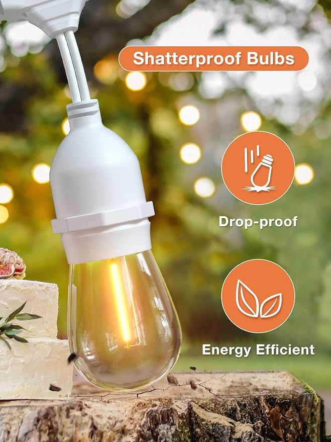 addlon 96FT(48FT*2) LED Outdoor String Lights, Dimmable Edison Vintage Shatterproof Bulbs and Commercial Grade Weatherproof Strand - ETL Listed Heavy-Duty Decorative Cafe, Patio, Market Light White