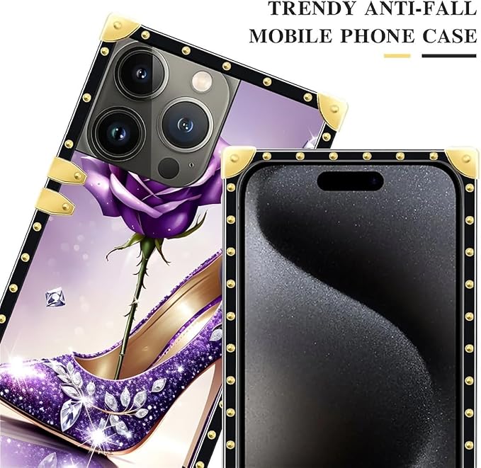Compatible with iPhone 16 Pro Case, High Heeled Purple Diamond Rose Luxury Golden Decoration for Girl Women Soft TPU Shockproof Protective Hard PC Back for iPhone 16 Pro