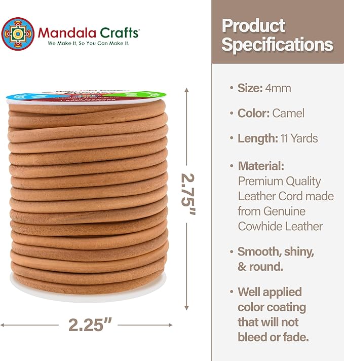 Mandala Crafts Round Genuine Camel Leather Cord for Jewelry Making – 4mm Cowhide Leather Rope String Lace for Kumihimo – 11 Yards Cowhide Craft Cording Spool