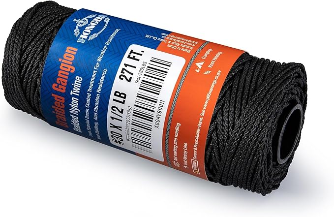 HONGDA Braided Black Nylon String, #30 Tarred Bank Line Twine, 271 Feet Black Tarred String for Gardening, Construction, Gear Tying, Jungle Survival